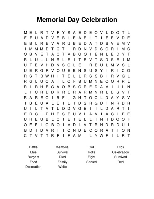 Memorial Day Celebration Word Search Puzzle