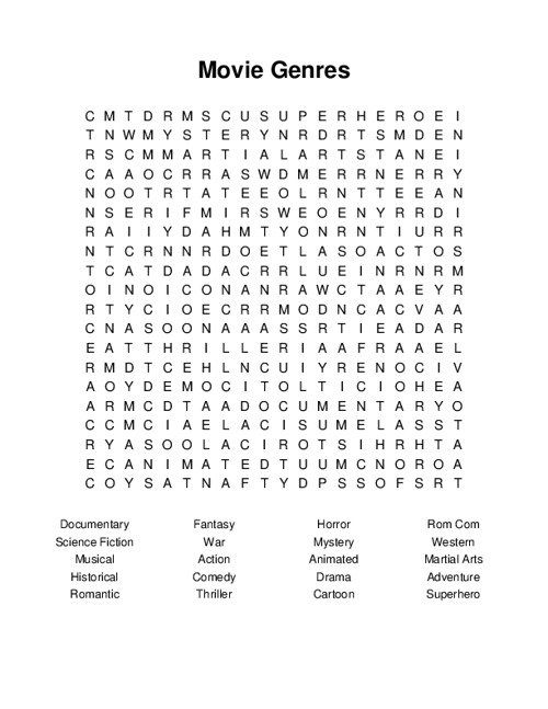 Movie Genres Word Search