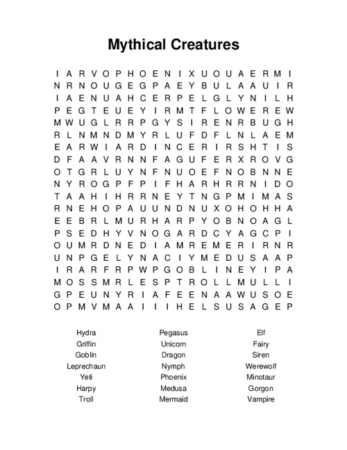 Mythical Creatures Word Search Puzzle