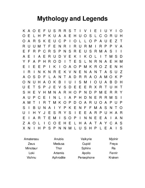 Mythology and Legends Word Search Puzzle