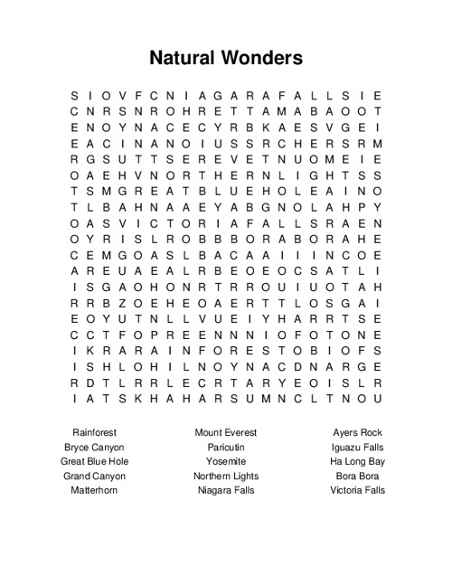 Natural Wonders Word Search Puzzle