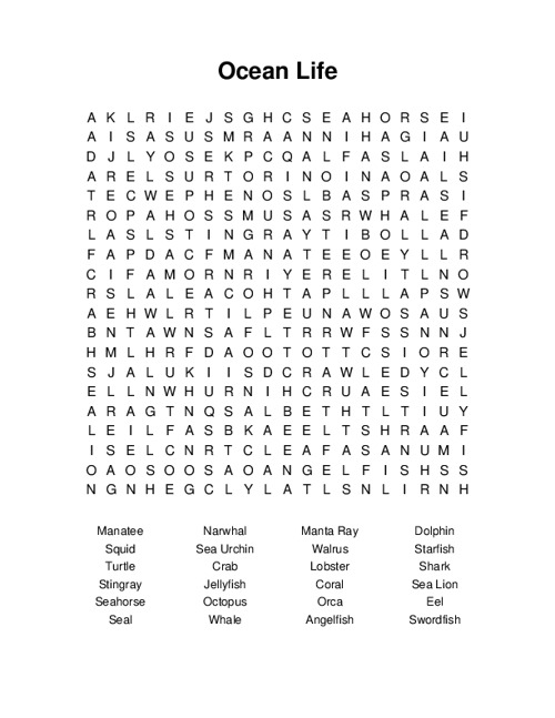 Ocean Life Word Search Puzzle