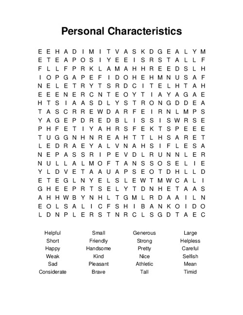 Personal Characteristics Word Search Puzzle