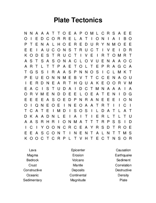 Plate Tectonics Word Search Puzzle