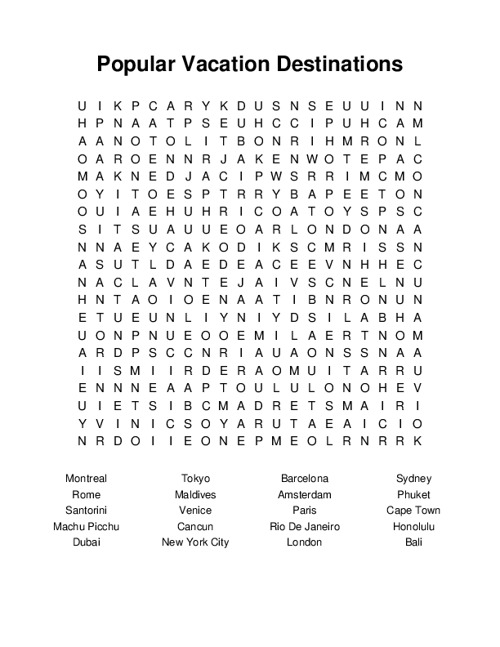 Popular Vacation Destinations Word Search Puzzle