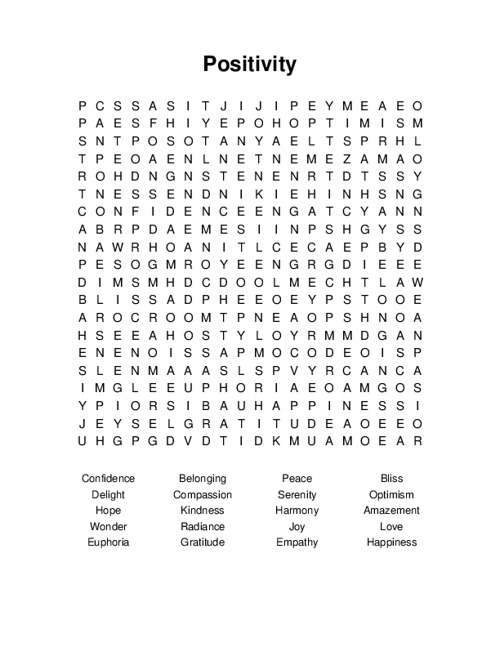 Positivity Word Search Puzzle