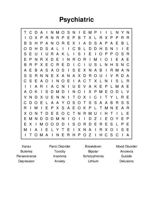 Psychiatric Word Search Puzzle
