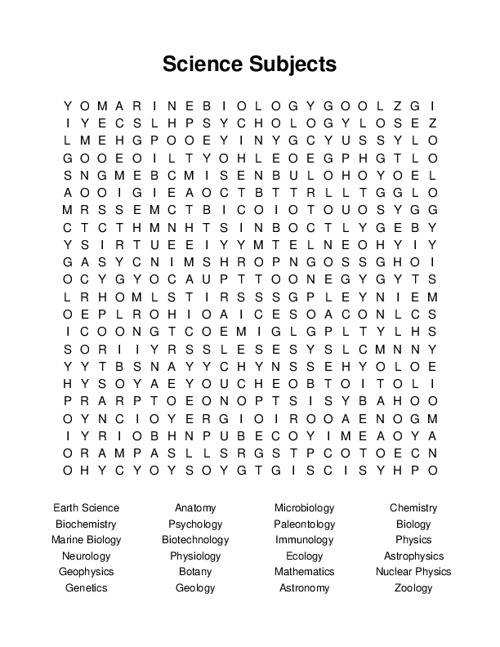 Science Subjects Word Search Puzzle
