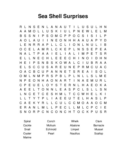 Sea Shell Surprises Word Search Puzzle