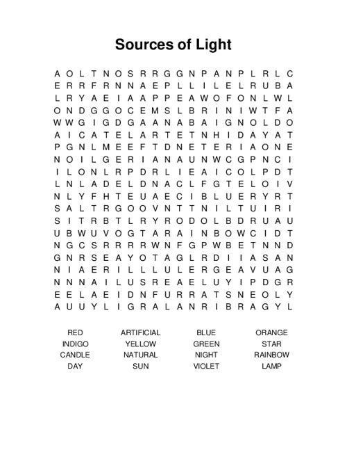 Sources of Light Word Search Puzzle