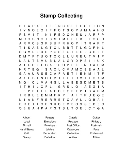 Stamp Collecting Word Search Puzzle