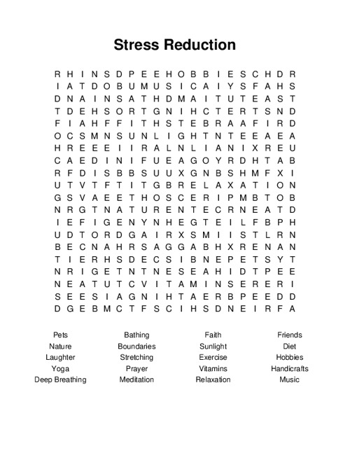 Stress Reduction Word Search Puzzle