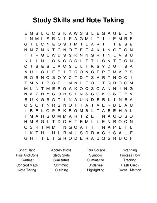 Study Skills and Note Taking Word Search Puzzle