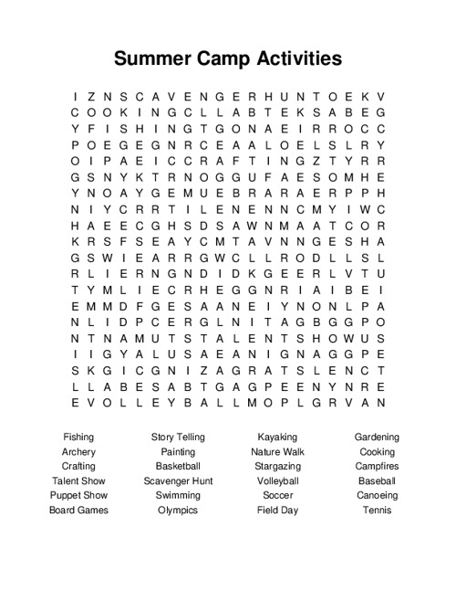 Summer Camp Activities Word Search Puzzle