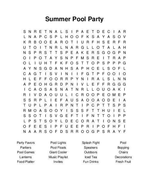 Summer Pool Party Word Search Puzzle