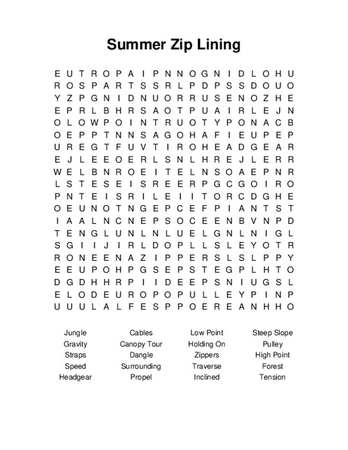 Summer Zip Lining Word Search Puzzle
