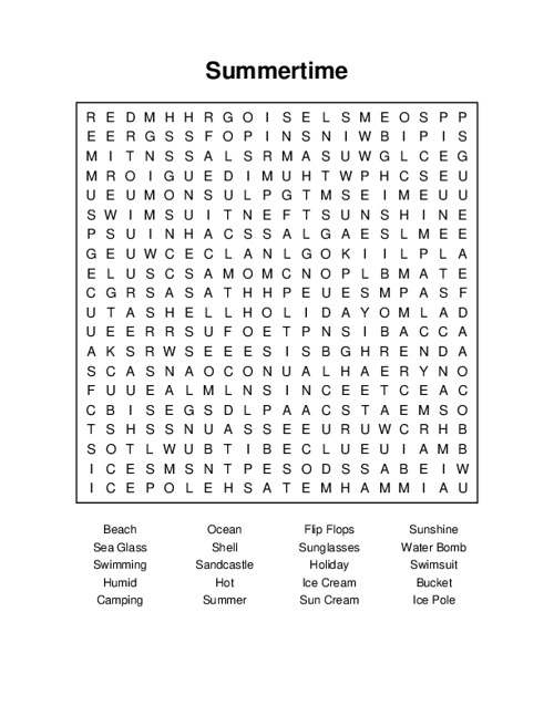 Summertime Word Search Puzzle