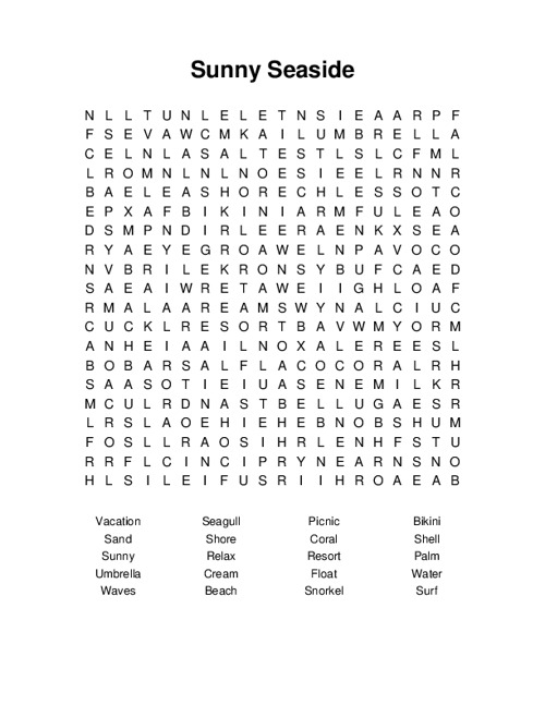 Sunny Seaside Word Search Puzzle