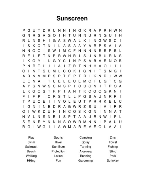 Sunscreen Word Search Puzzle