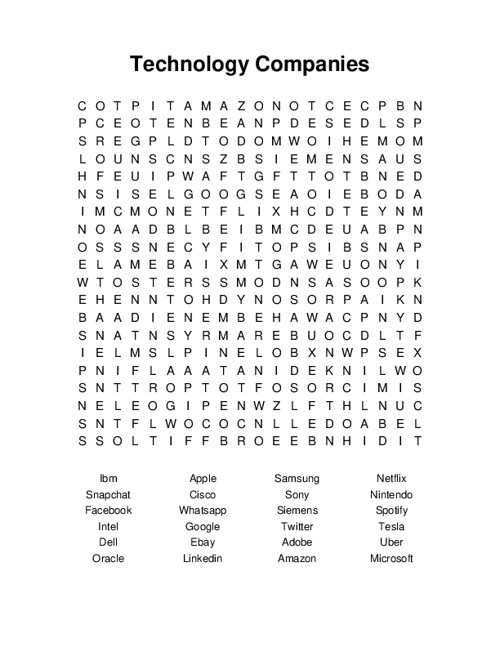 Technology Companies Word Search Puzzle