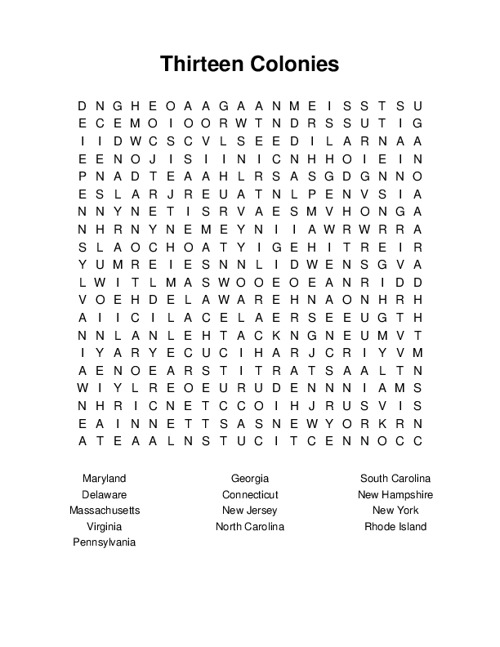 Thirteen Colonies Word Search Puzzle