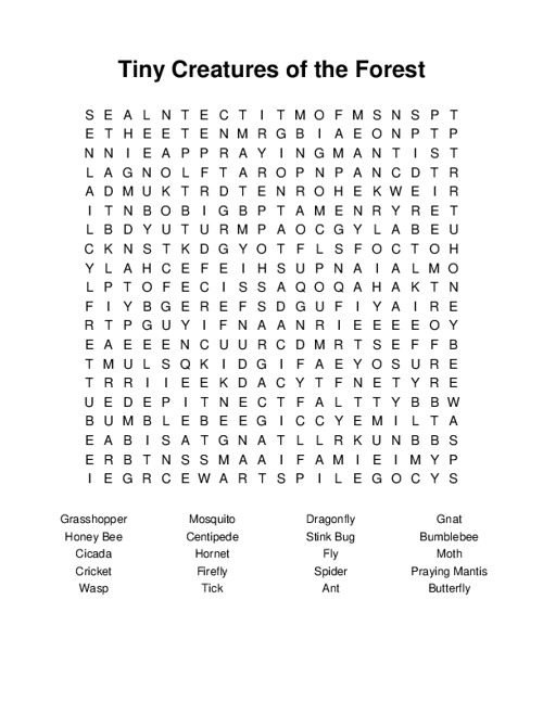 Tiny Creatures of the Forest Word Search Puzzle