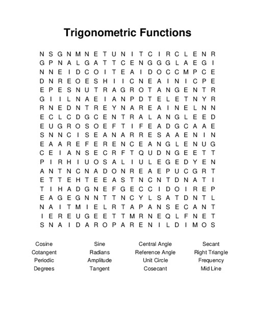 Trigonometric Functions Word Search Puzzle
