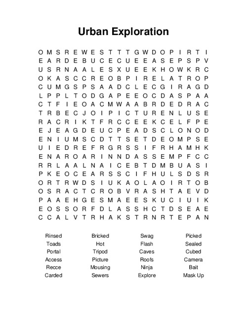 Urban Exploration Word Search Puzzle