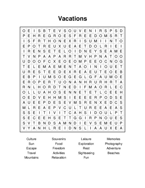 Vacations Word Search Puzzle