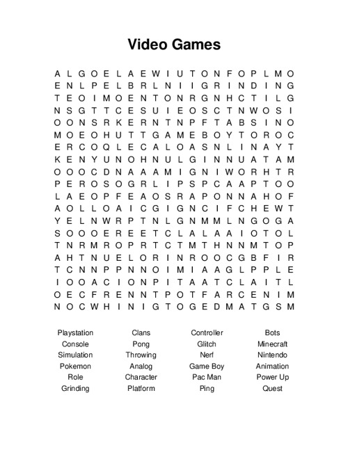 Video Games Word Search Puzzle