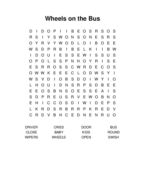 Wheels on the Bus Word Search Puzzle