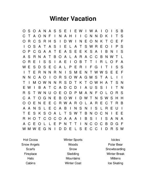 Winter Vacation Word Search Puzzle