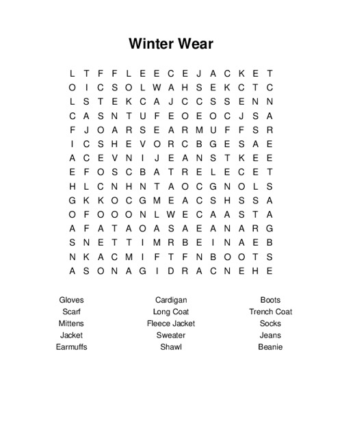 Winter Wear Word Search Puzzle