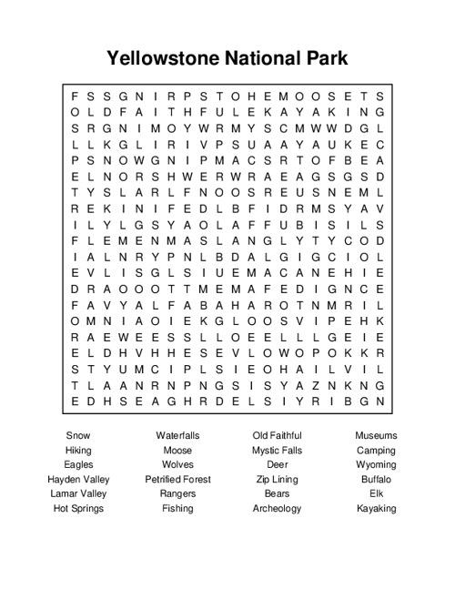 Yellowstone National Park Word Search Puzzle