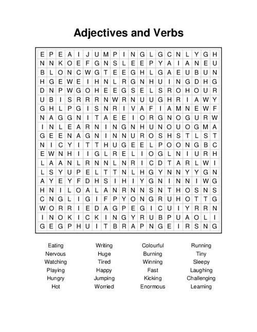 Adjectives and Verbs Word Search Puzzle