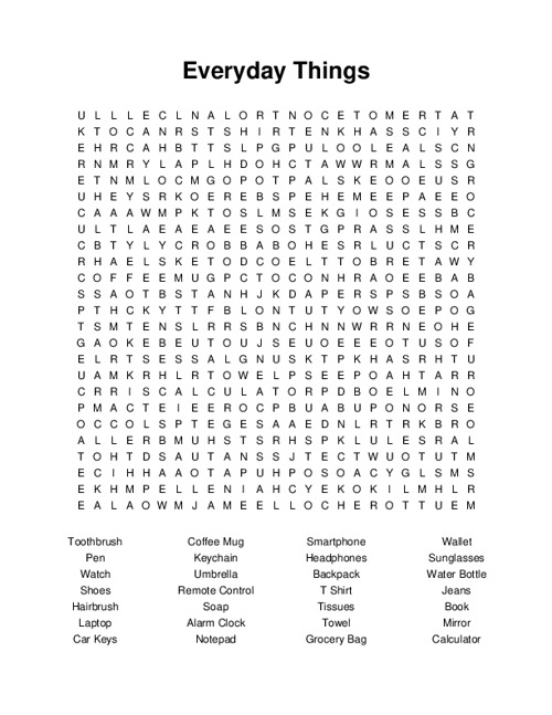 Everyday Things Word Search Puzzle