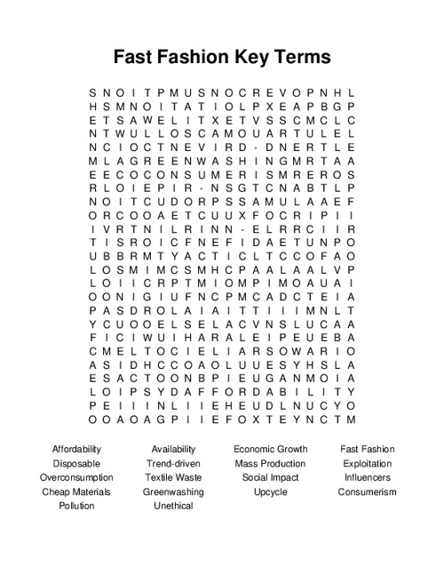 Fast Fashion Key Terms Word Search Puzzle