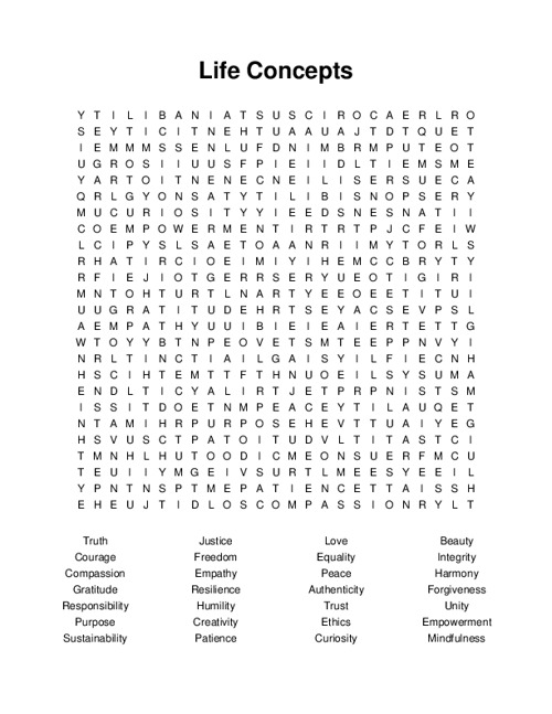 Life Concepts Word Search Puzzle