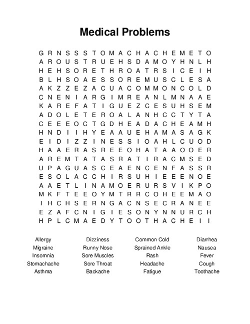 Medical Problems Word Search Puzzle