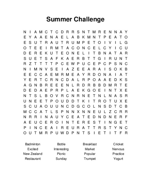 Summer Challenge Word Search Puzzle