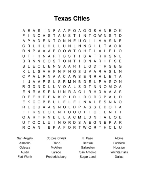 Texas Cities Word Search Puzzle