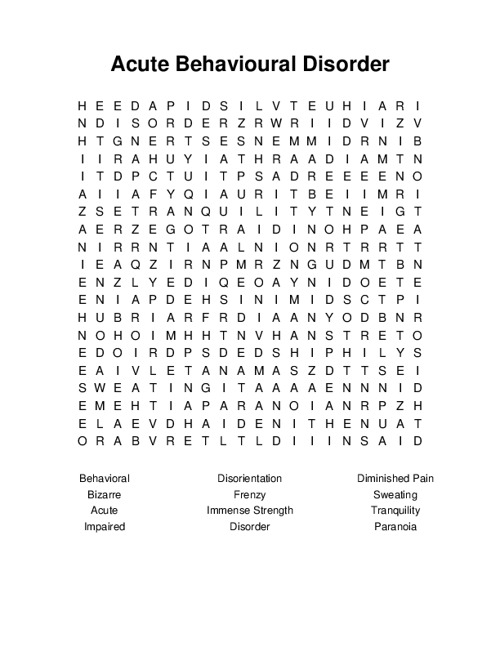 Acute Behavioural Disorder Word Search Puzzle