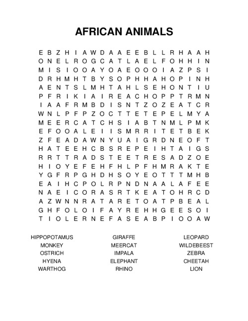 AFRICAN ANIMALS Word Search Puzzle