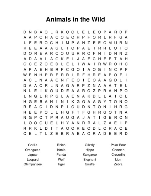 Animals in the Wild Word Search Puzzle