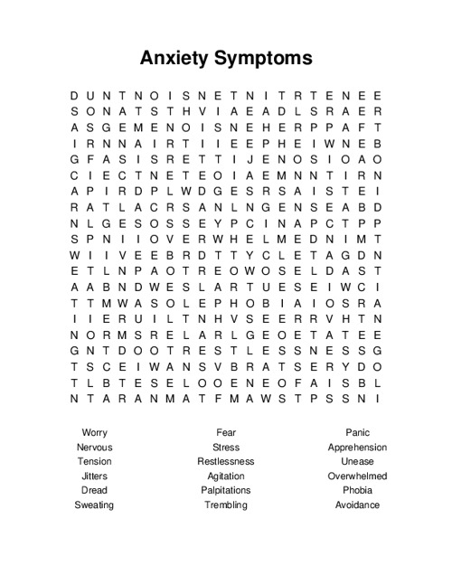 Anxiety Symptoms Word Search Puzzle