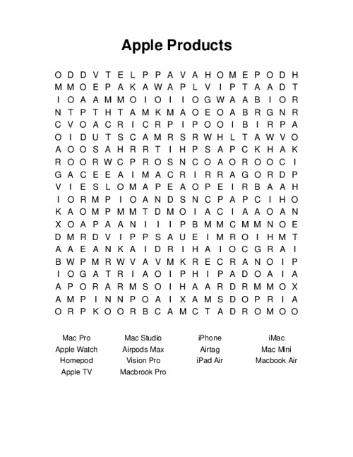 Apple Products Word Search Puzzle