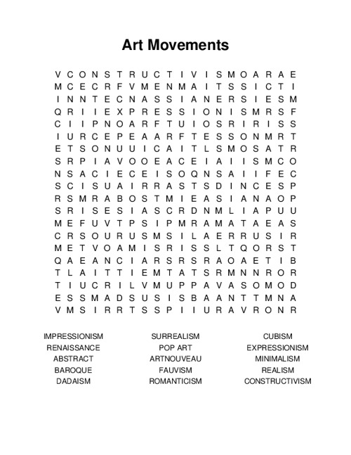 Art Movements Word Search Puzzle