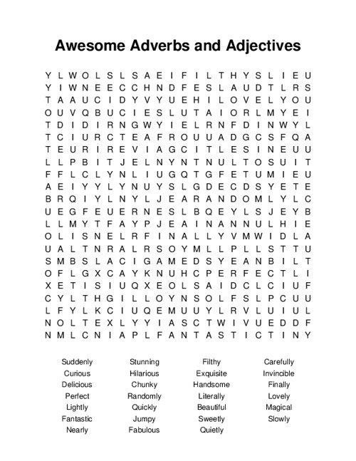 Awesome Adverbs and Adjectives Word Search Puzzle