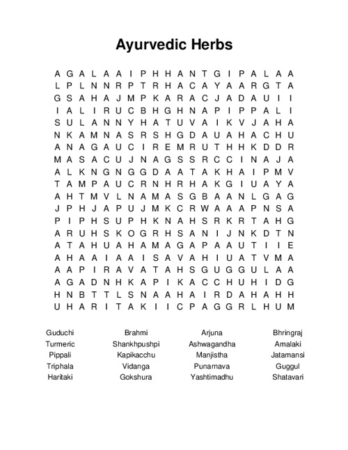 Ayurvedic Herbs Word Search Puzzle