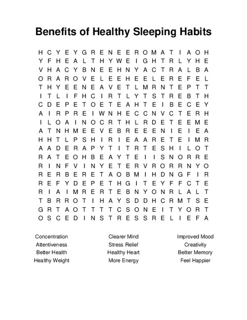 Benefits of Healthy Sleeping Habits Word Search Puzzle